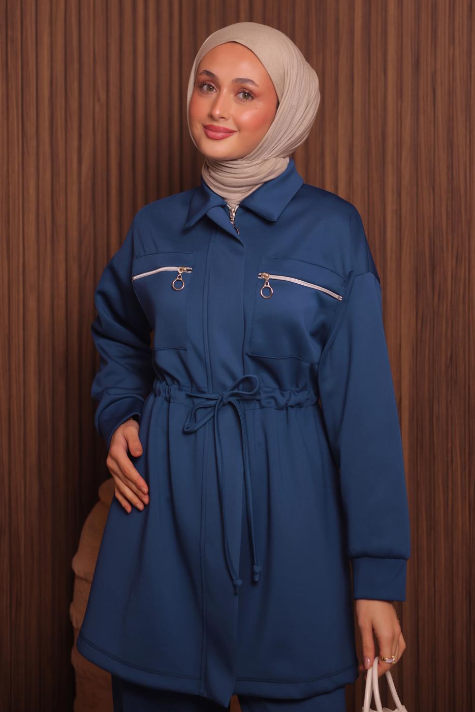 Tesettür giyim LACİVERT PANTOLONLU SCUBA ÖRME TAKIM T 9235