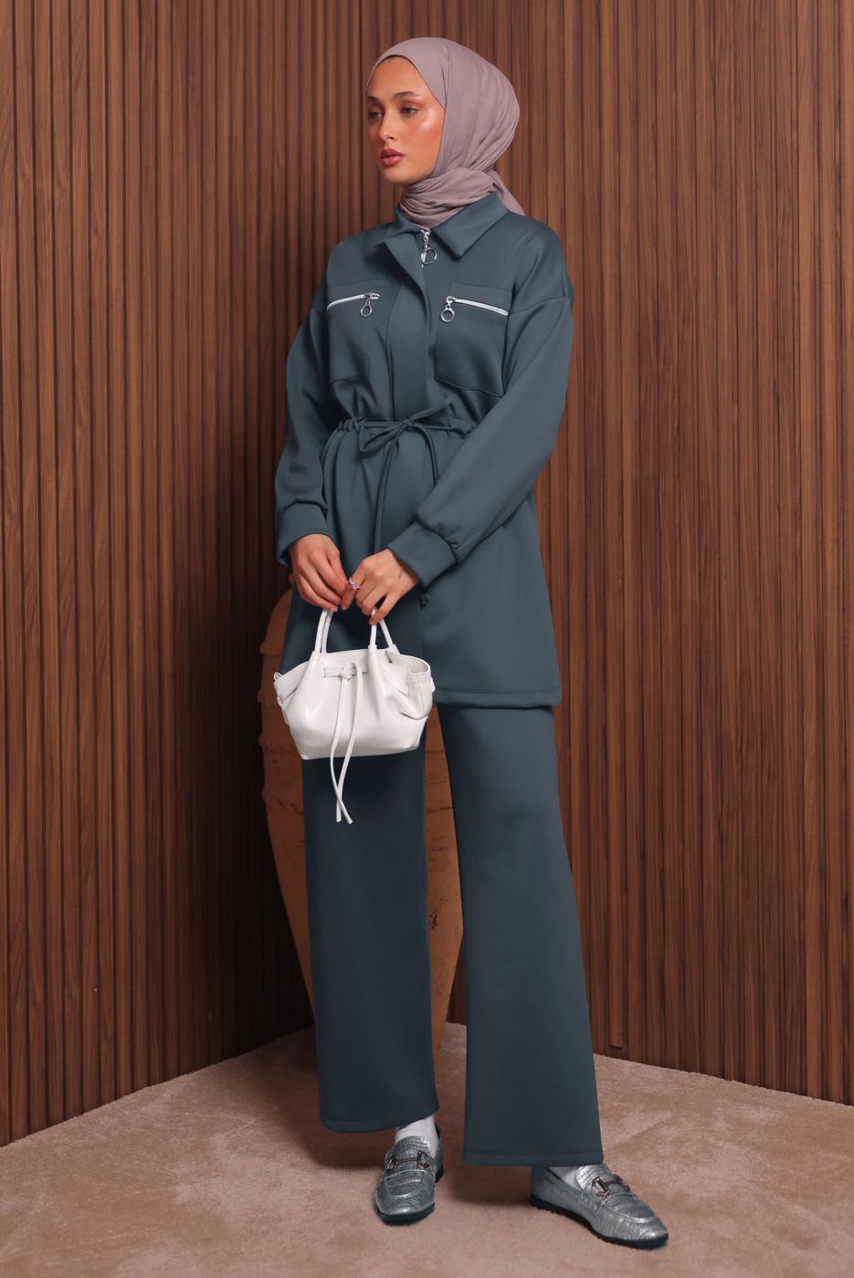 Tesettür giyim GRİ PANTOLONLU SCUBA ÖRME TAKIM T 9235