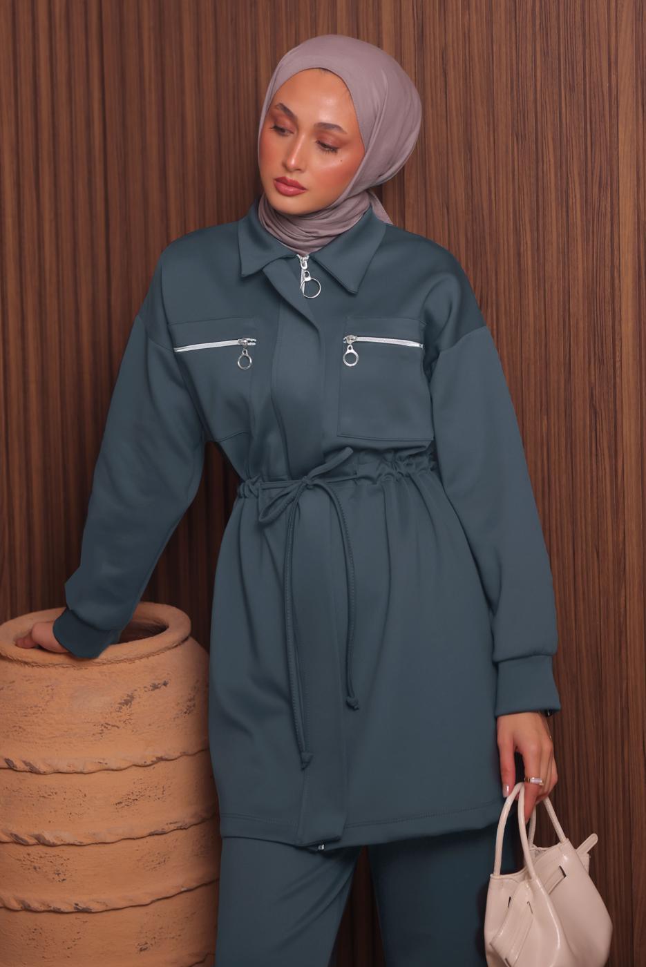 Tesettür giyim GRİ PANTOLONLU SCUBA ÖRME TAKIM T 9235