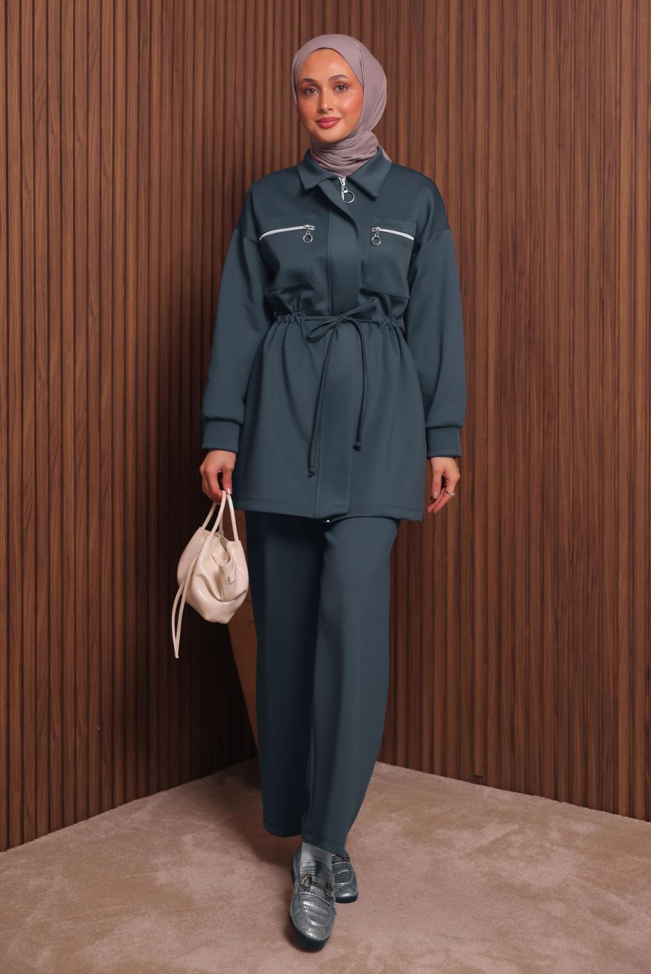 Tesettür giyim GRİ PANTOLONLU SCUBA ÖRME TAKIM T 9235