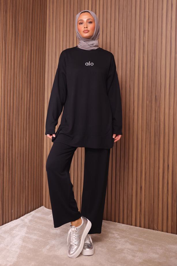 Hijab clothing BLACK SLOGAN PRINTED PANTS SUIT T 9535 - TRENDTESETTÜR