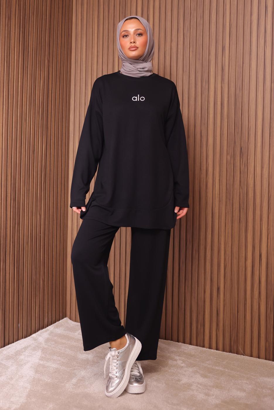 Tesettür giyim SİYAH YAZI BASKILI PANTOLONLU TAKIM T 9535