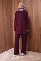 Tesettür giyim BORDO YAZI BASKILI PANTOLONLU TAKIM T 9535