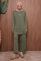 Tesettür giyim HAKİ YAZI BASKILI PANTOLONLU TAKIM T 9535