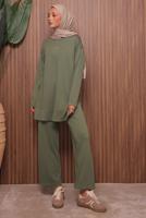 Tesettür giyim HAKİ YAZI BASKILI PANTOLONLU TAKIM T 9535