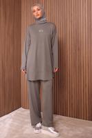 Tesettür giyim VİZON YAZI BASKILI PANTOLONLU TAKIM T 9535