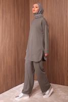 Tesettür giyim VİZON YAZI BASKILI PANTOLONLU TAKIM T 9535