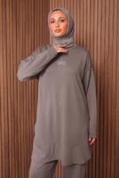 Tesettür giyim VİZON YAZI BASKILI PANTOLONLU TAKIM T 9535