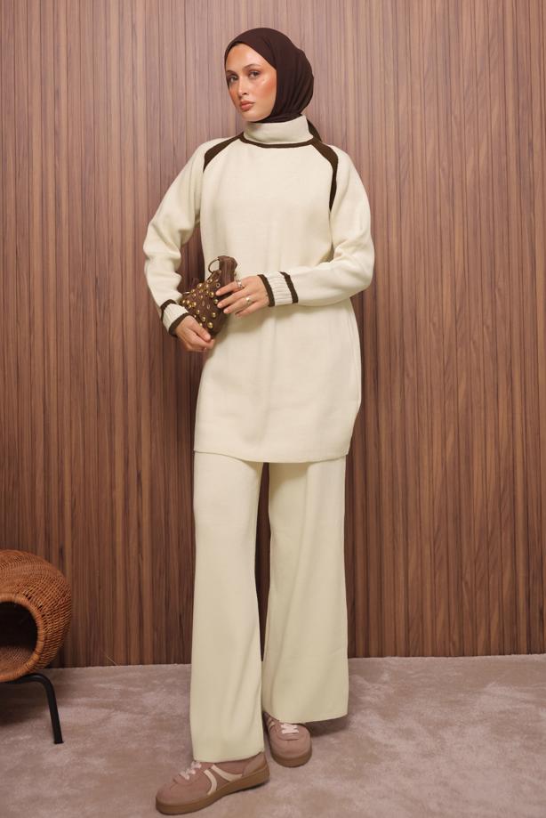 Tesettür giyim KREM PANTOLONLU TRİKO TAKIM T 9607 - TRENDTESETTÜR