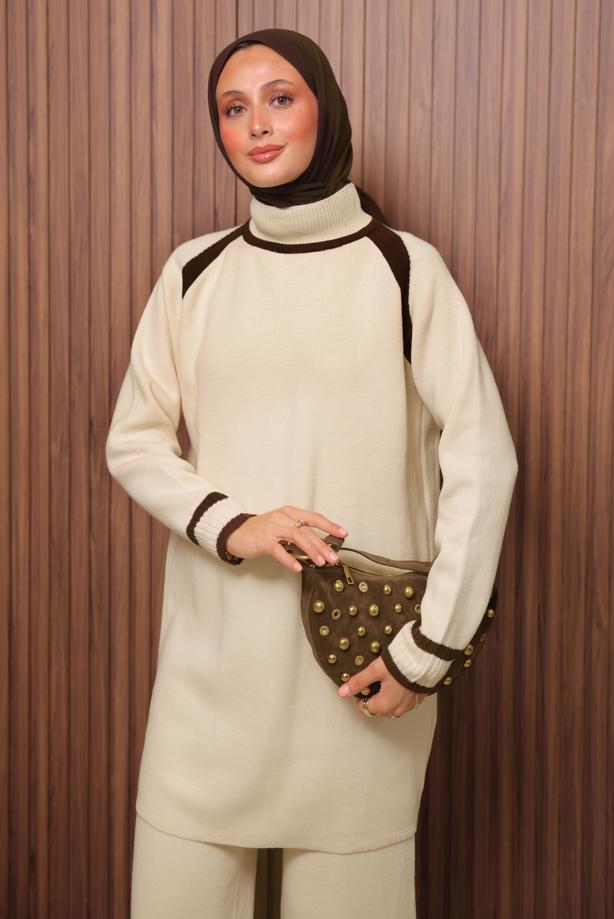 Tesettür giyim KREM PANTOLONLU TRİKO TAKIM T 9607 - TRENDTESETTÜR