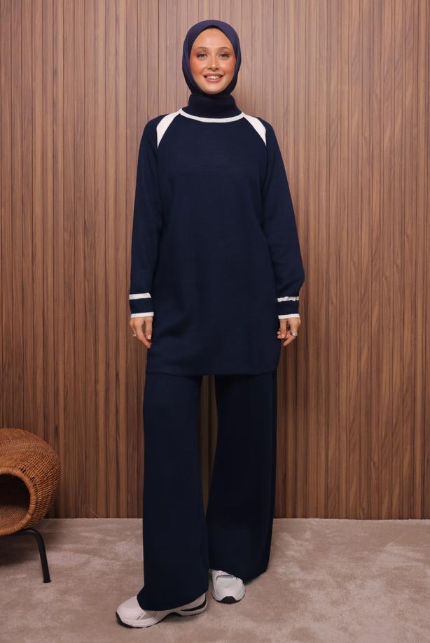 Tesettür giyim LACİVERT PANTOLONLU TRİKO TAKIM T 9607 - TRENDTESETTÜR