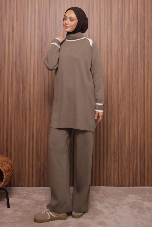 Tesettür giyim VİZON PANTOLONLU TRİKO TAKIM T 9607 - TRENDTESETTÜR