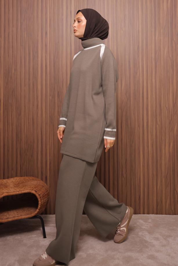 Tesettür giyim VİZON PANTOLONLU TRİKO TAKIM T 9607 - TRENDTESETTÜR