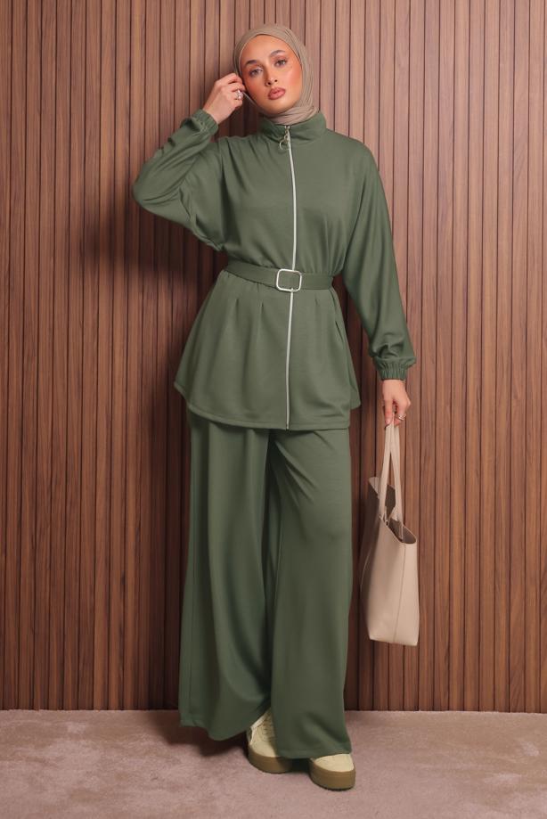 Hijab clothing GREEN BELTED PANTSUIT T 9935 - TRENDTESETTÜR