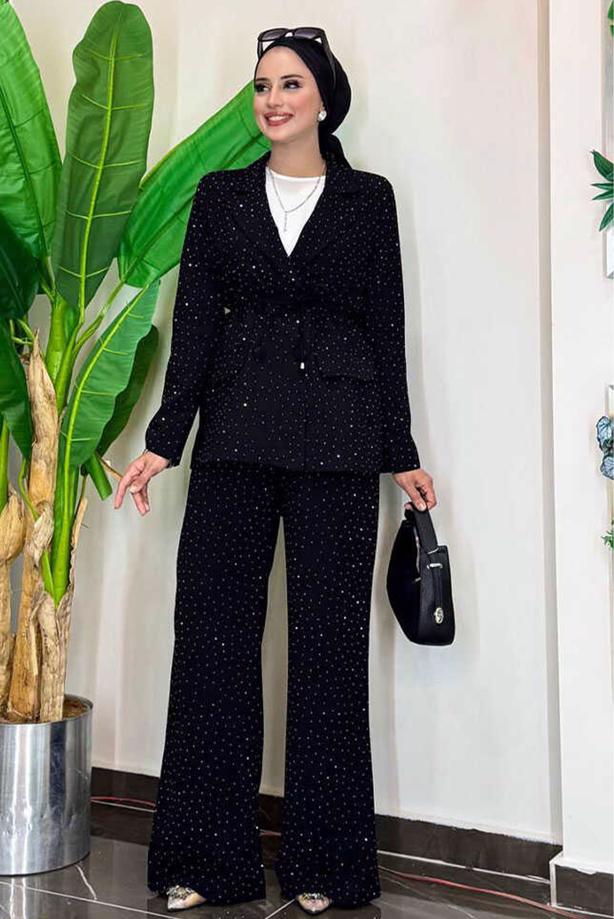 Tesettür giyim SİYAH TAŞ DETAYLI PANTOLONLU TAKIM T 9958 - TRENDTESETTÜR