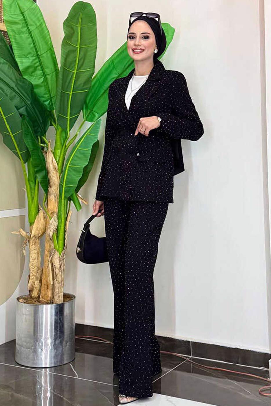 Tesettür giyim SİYAH TAŞ DETAYLI PANTOLONLU TAKIM T 9958
