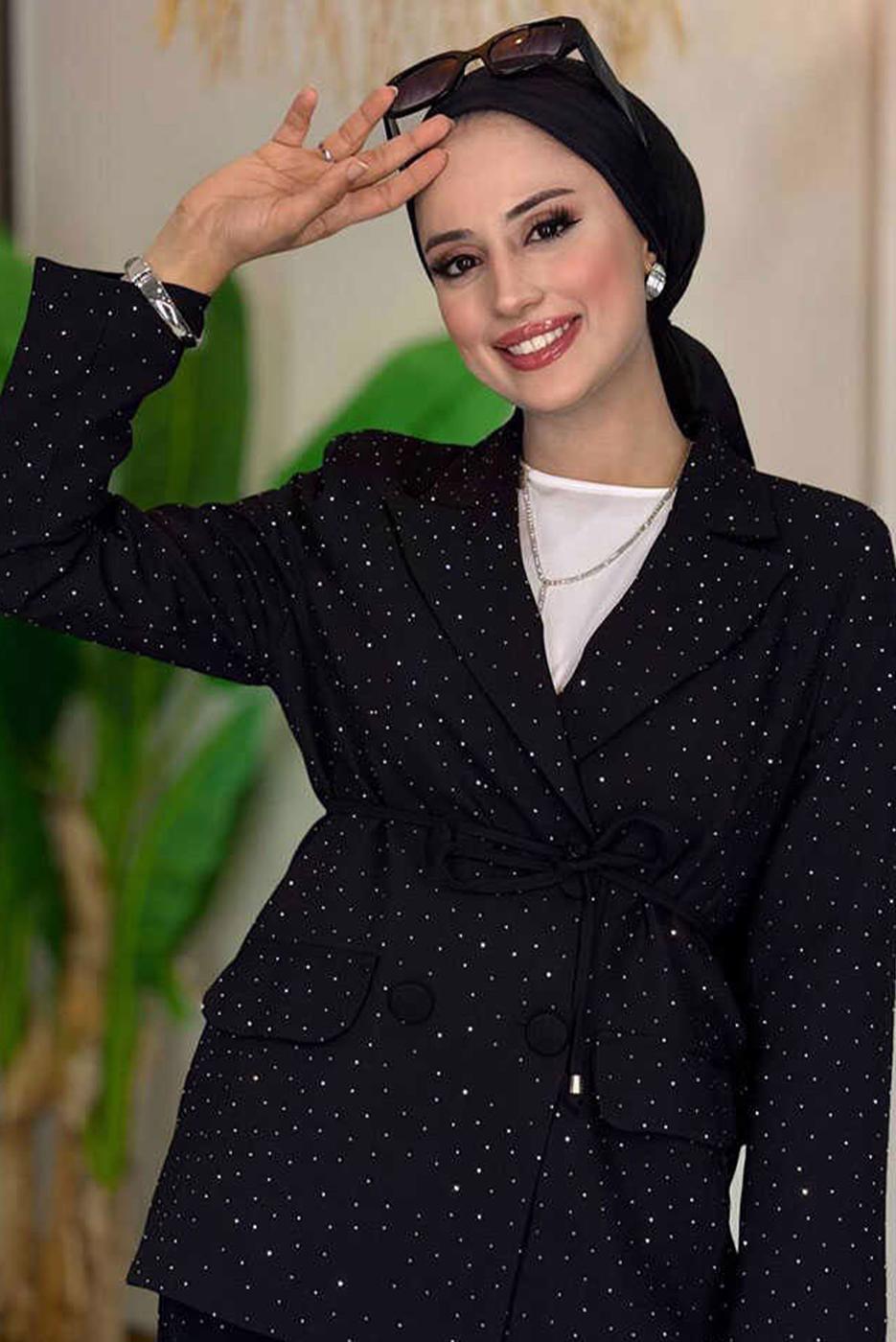 Tesettür giyim SİYAH TAŞ DETAYLI PANTOLONLU TAKIM T 9958