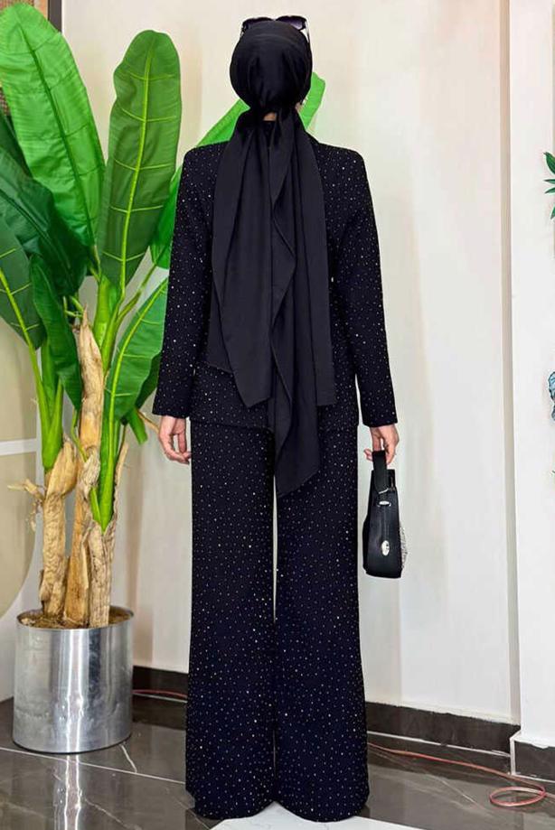 Tesettür giyim SİYAH TAŞ DETAYLI PANTOLONLU TAKIM T 9958 - TRENDTESETTÜR