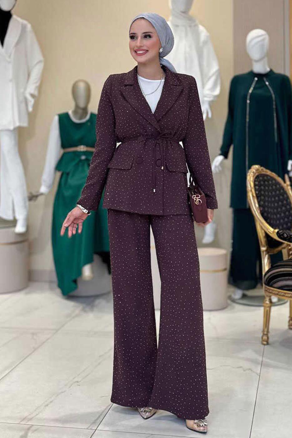 Tesettür giyim MÜRDÜM TAŞ DETAYLI PANTOLONLU TAKIM T 9958
