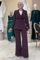 Tesettür giyim MÜRDÜM TAŞ DETAYLI PANTOLONLU TAKIM T 9958