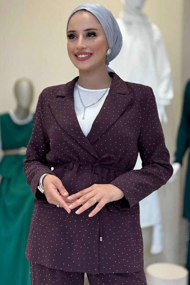 Tesettür giyim MÜRDÜM TAŞ DETAYLI PANTOLONLU TAKIM T 9958 - TRENDTESETTÜR