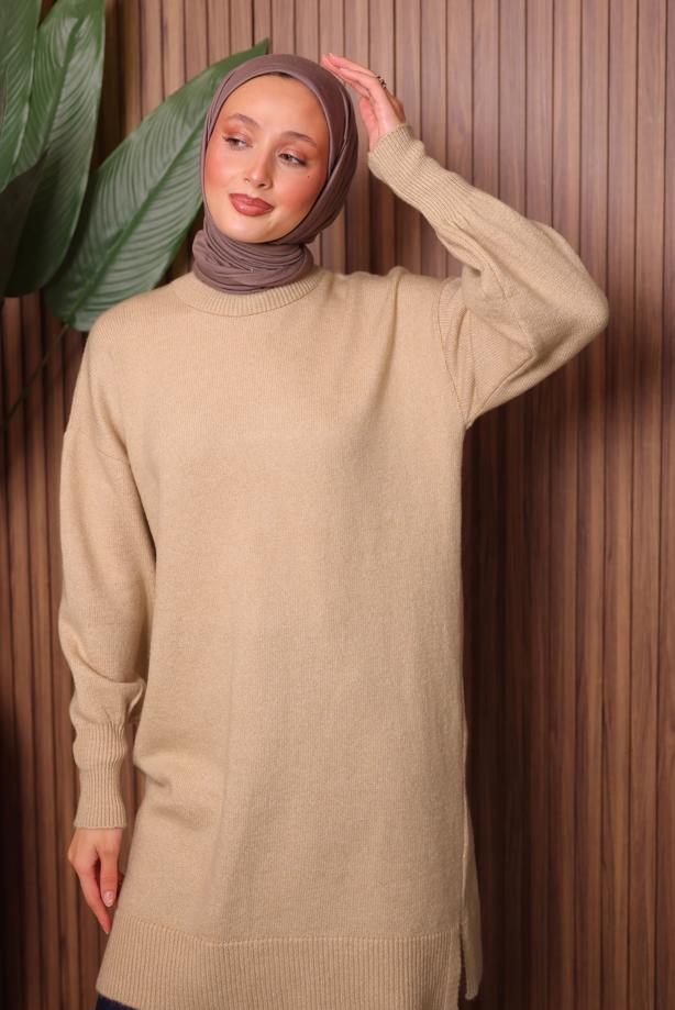 Tesettür giyim BEJ TRİKO TUNİK T 0107 - TRENDTESETTÜR