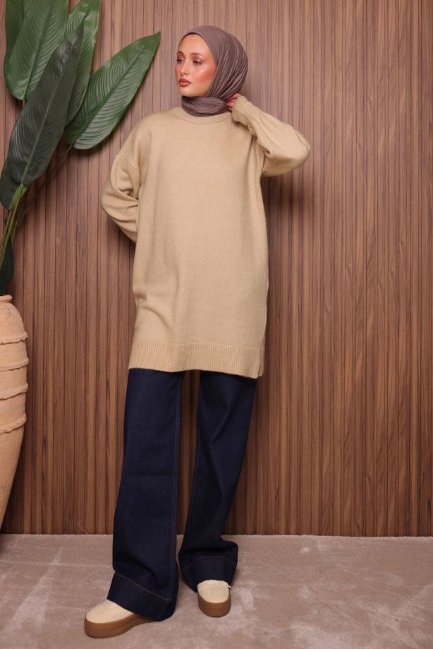 Tesettür giyim BEJ TRİKO TUNİK T 0107 - TRENDTESETTÜR