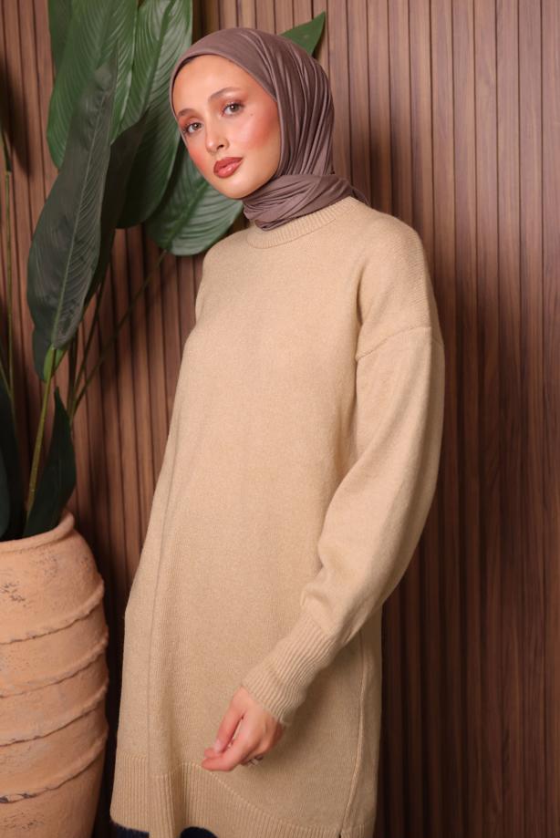 Tesettür giyim BEJ TRİKO TUNİK T 0107 - TRENDTESETTÜR