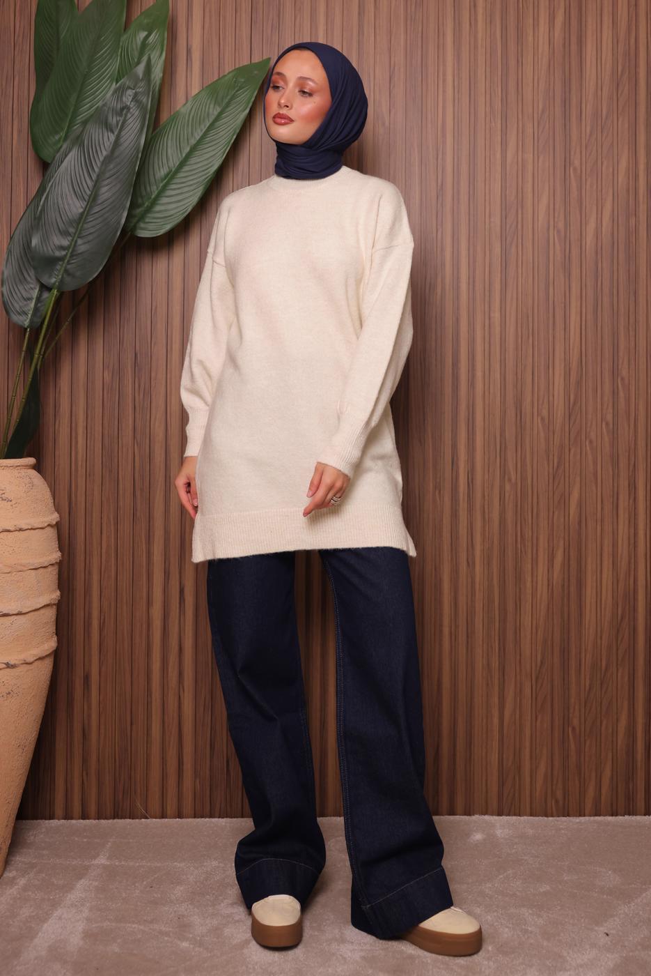 Tesettür giyim EKRU TRİKO TUNİK T 0107