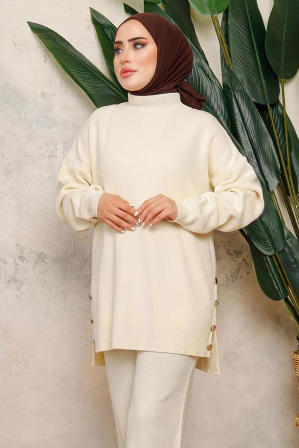 Tesettür giyim EKRU T 0108-1 NSS TRİKO TUNİK - TRENDTESETTÜR