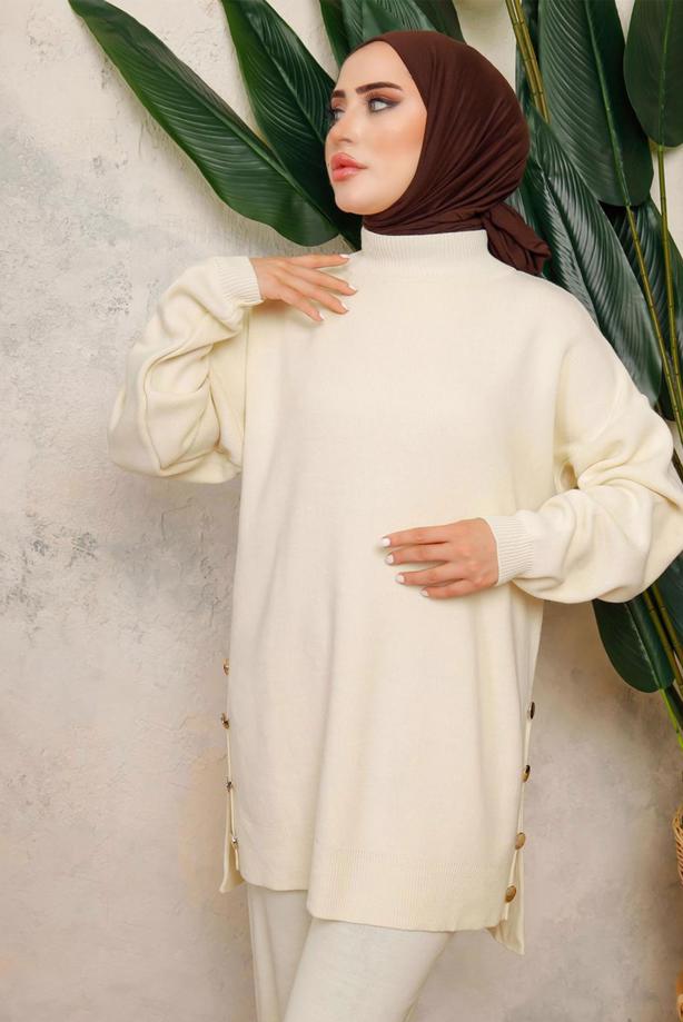 Tesettür giyim EKRU T 0108-1 NSS TRİKO TUNİK - TRENDTESETTÜR