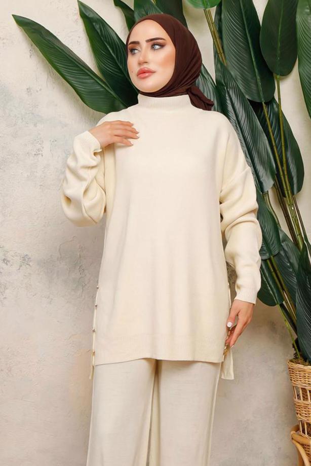 Tesettür giyim EKRU T 0108-1 NSS TRİKO TUNİK - TRENDTESETTÜR