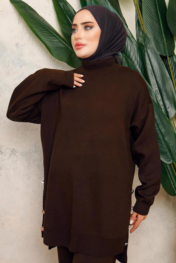 Tesettür giyim KAHVE T 0108-1 NSS TRİKO TUNİK - TRENDTESETTÜR
