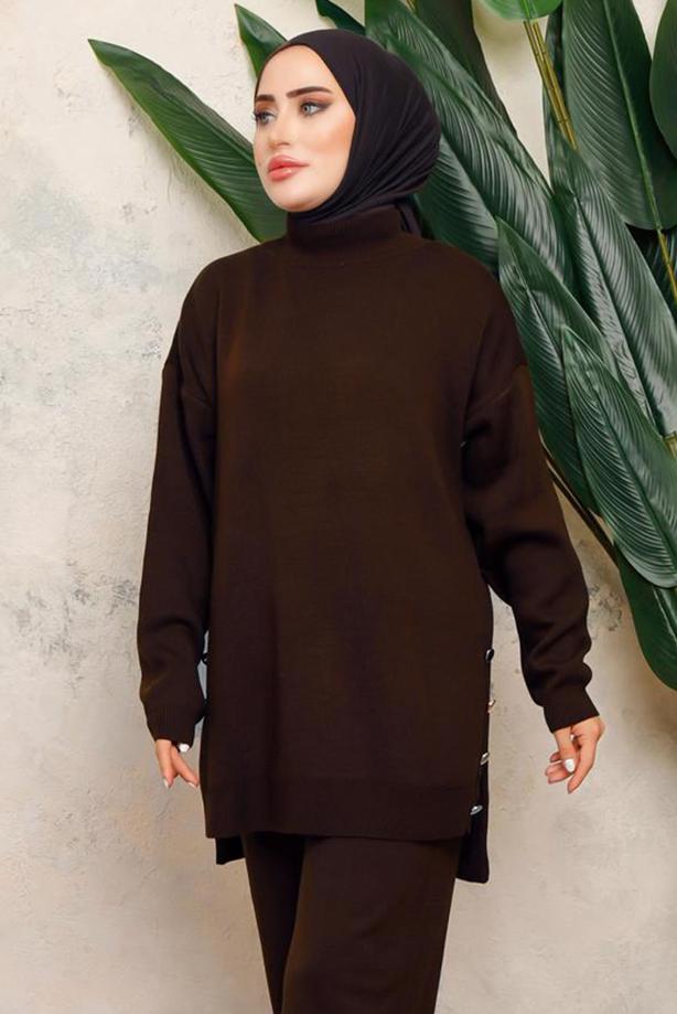 Tesettür giyim KAHVE T 0108-1 NSS TRİKO TUNİK - TRENDTESETTÜR