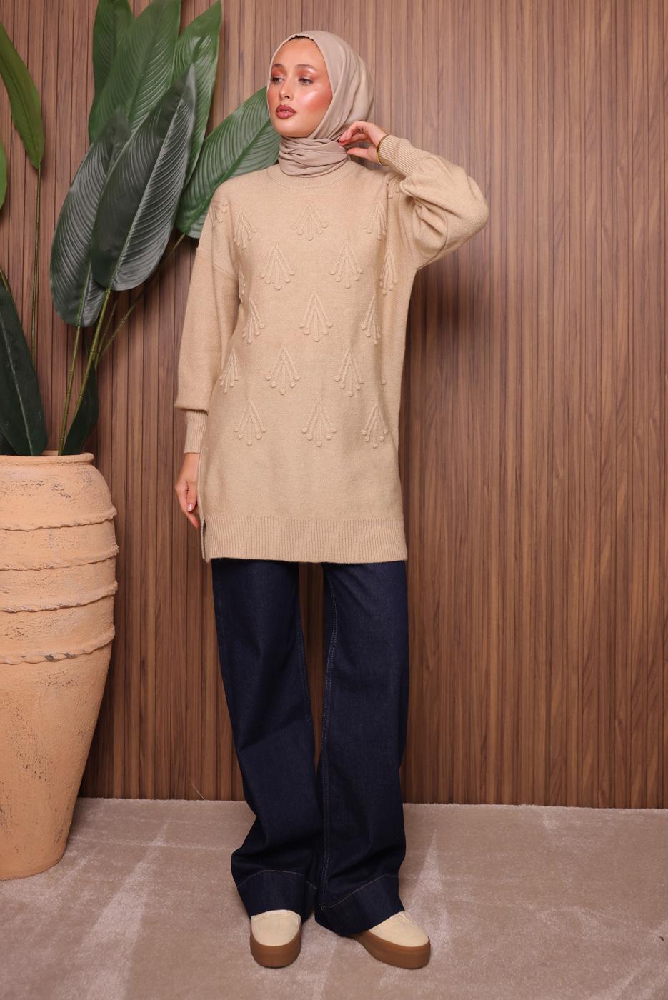 Tesettür giyim BEJ TRİKO TUNİK T 0207