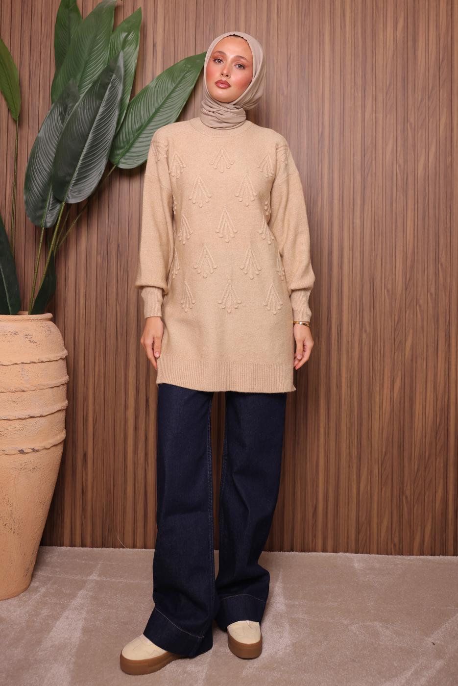 Tesettür giyim BEJ TRİKO TUNİK T 0207