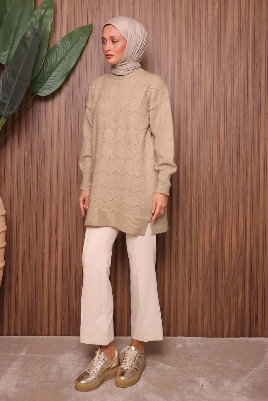 Tesettür giyim BEJ TRİKO TUNİK T 1107