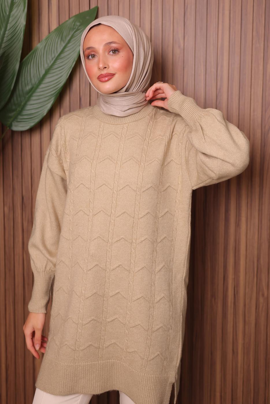 Tesettür giyim BEJ TRİKO TUNİK T 1107
