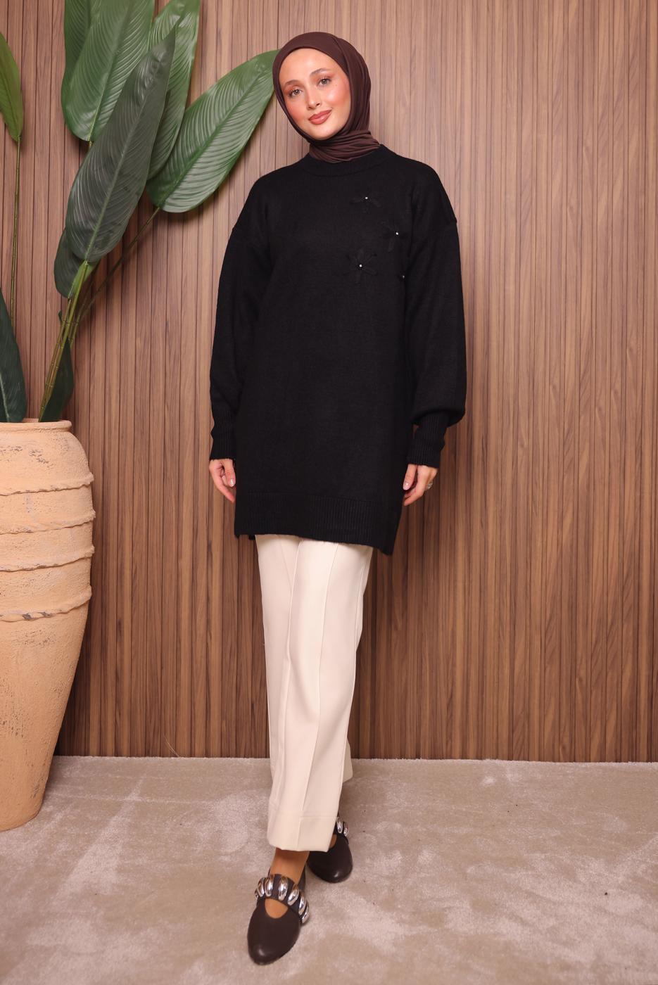 Tesettür giyim SİYAH TAŞ DETAYLI TRİKO TUNİK T 1207