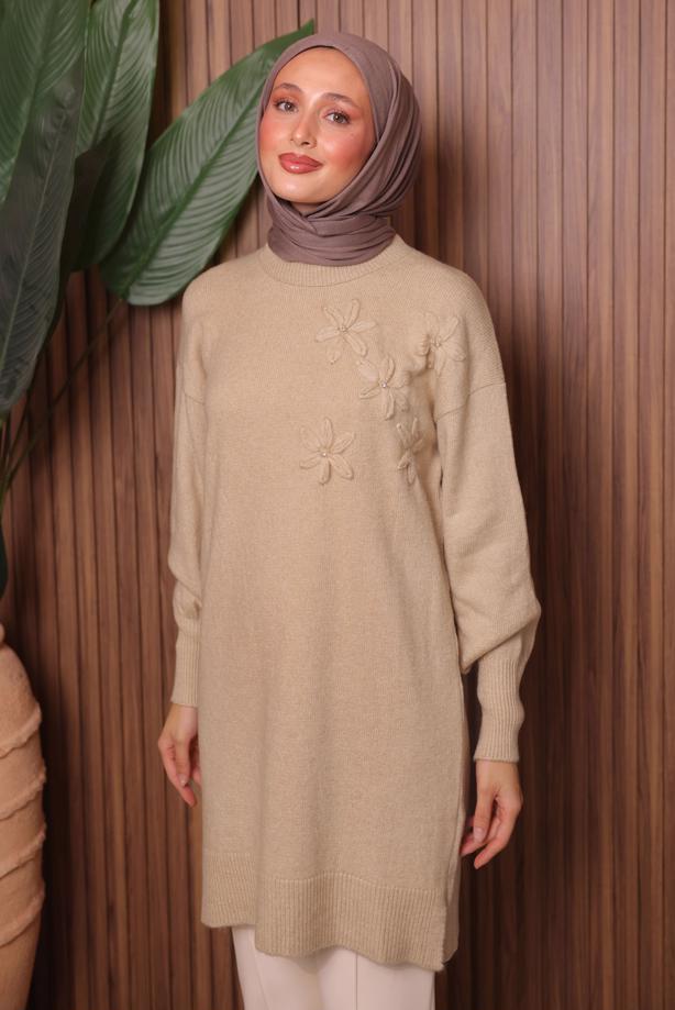 Vêtements hijab BEIGE TUNIQUE EN MAILLE AVEC GEMME T 1207 - TRENDTESETTÜR