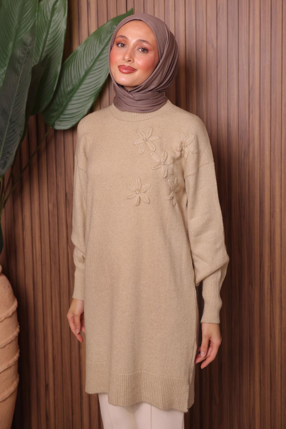 Vêtements hijab BEIGE TUNIQUE EN MAILLE AVEC GEMME T 1207