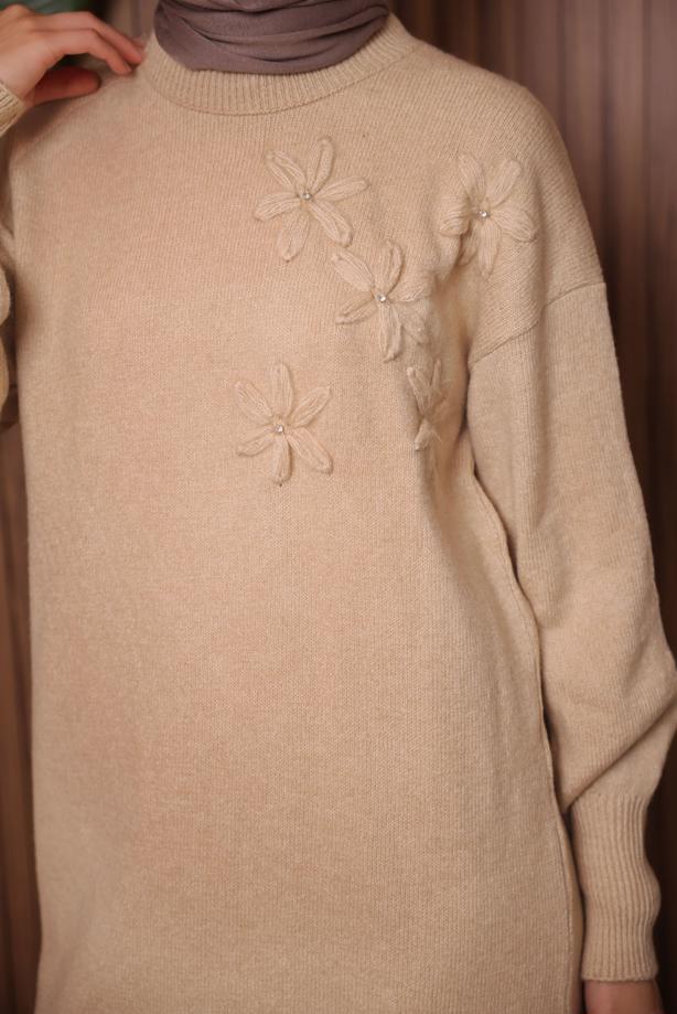 Vêtements hijab BEIGE TUNIQUE EN MAILLE AVEC GEMME T 1207 - TRENDTESETTÜR