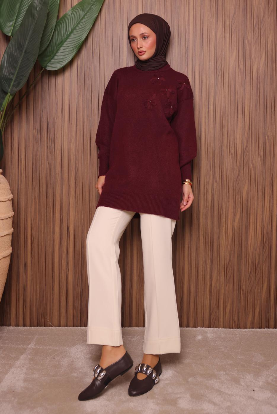 Tesettür giyim BORDO TAŞ DETAYLI TRİKO TUNİK T 1207