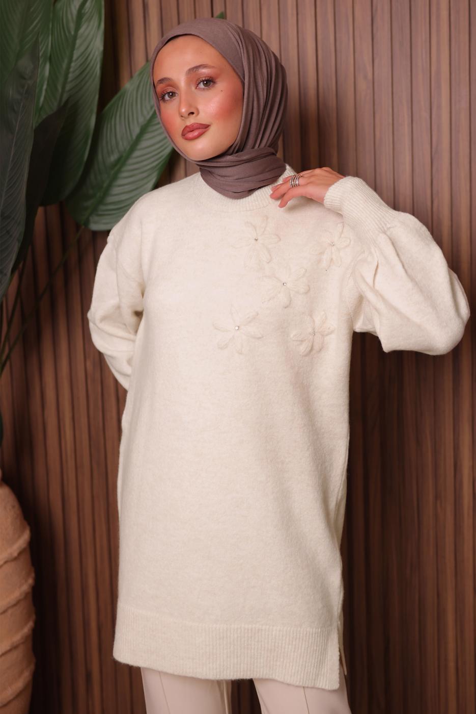 Tesettür giyim EKRU TAŞ DETAYLI TRİKO TUNİK T 1207