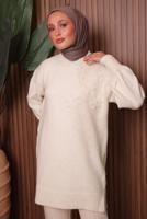 Tesettür giyim EKRU TAŞ DETAYLI TRİKO TUNİK T 1207