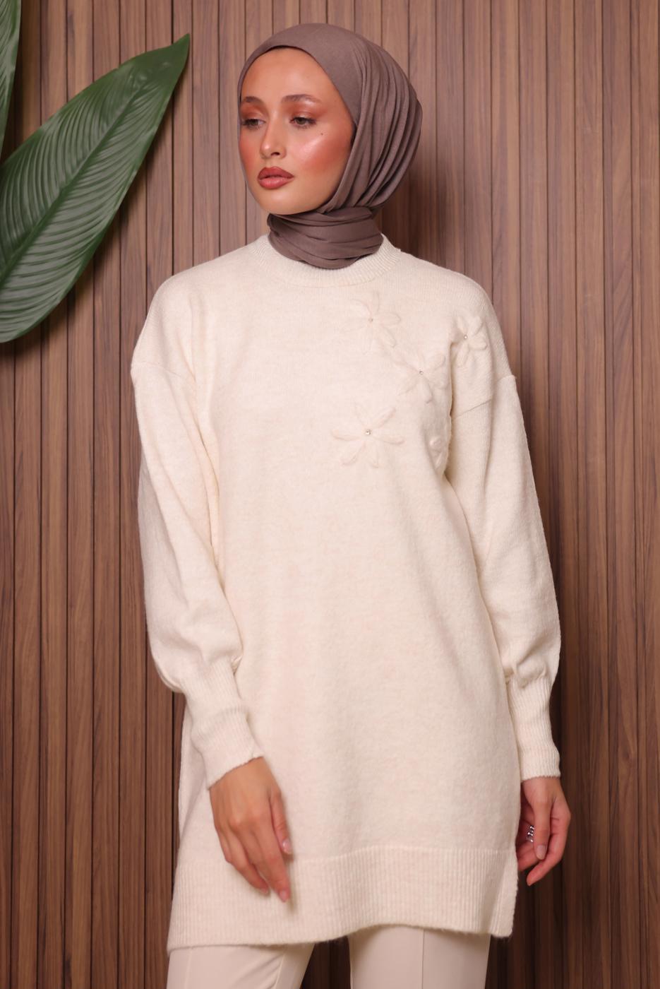 Tesettür giyim EKRU TAŞ DETAYLI TRİKO TUNİK T 1207