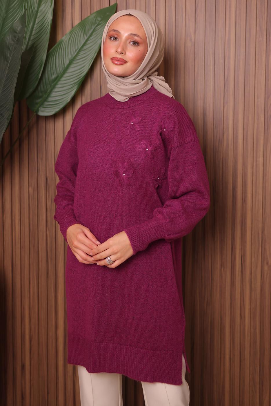 Tesettür giyim FUŞYA TAŞ DETAYLI TRİKO TUNİK T 1207