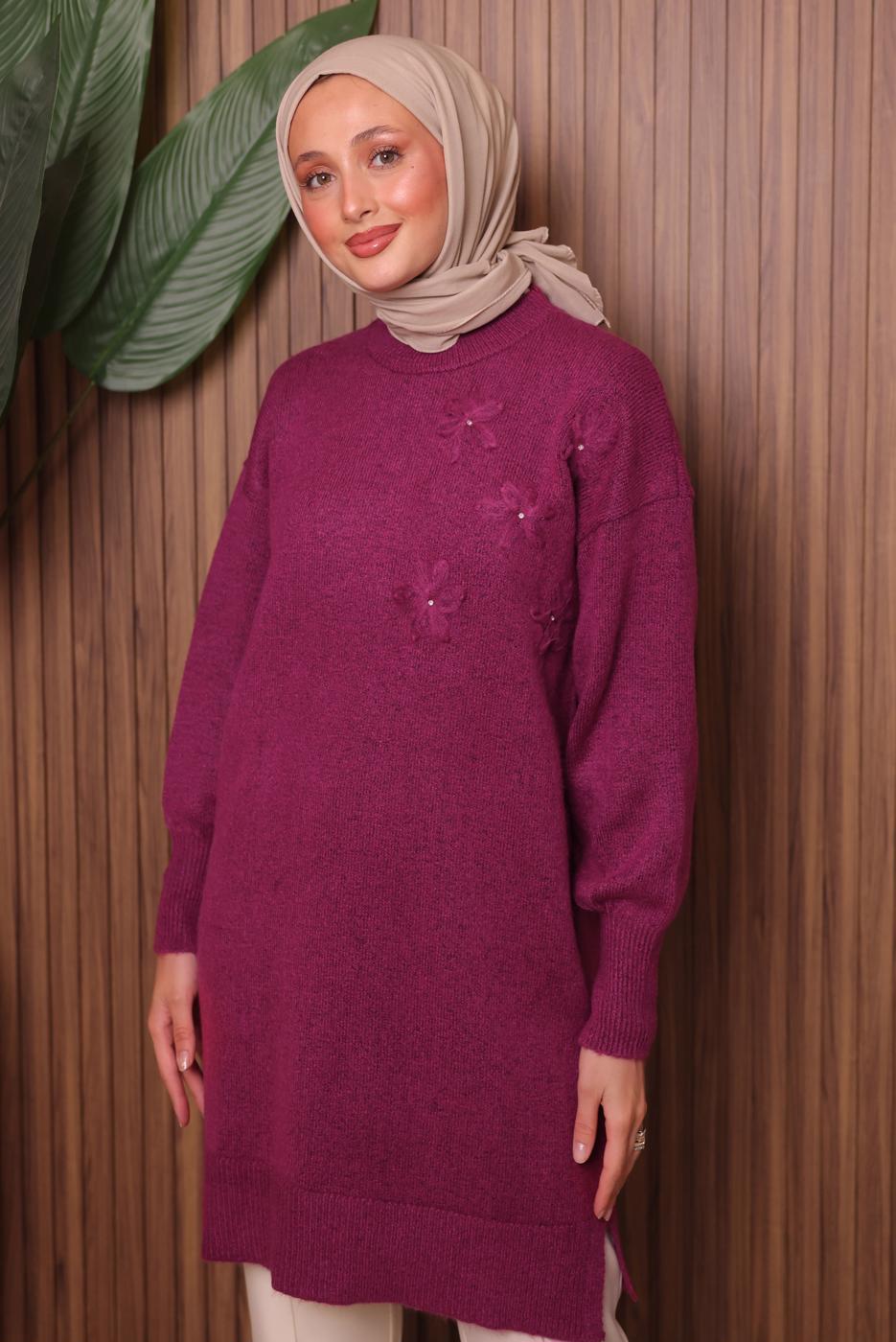 Tesettür giyim FUŞYA TAŞ DETAYLI TRİKO TUNİK T 1207