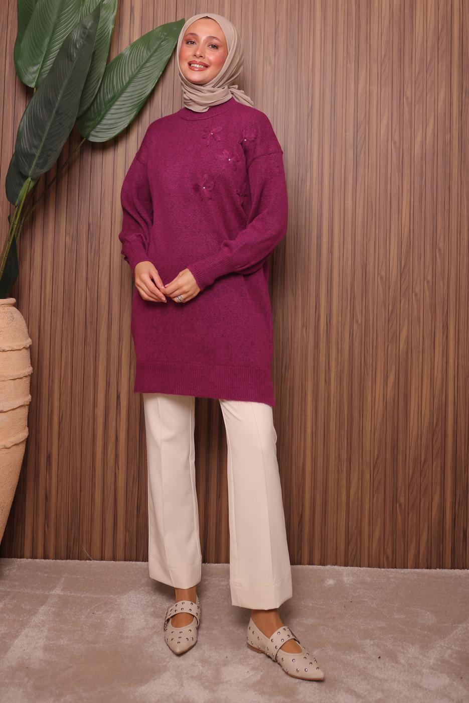 Tesettür giyim FUŞYA TAŞ DETAYLI TRİKO TUNİK T 1207