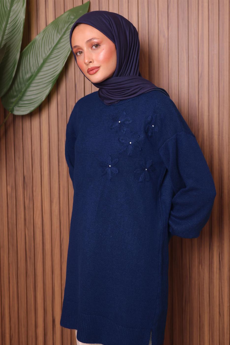Tesettür giyim LACİVERT TAŞ DETAYLI TRİKO TUNİK T 1207